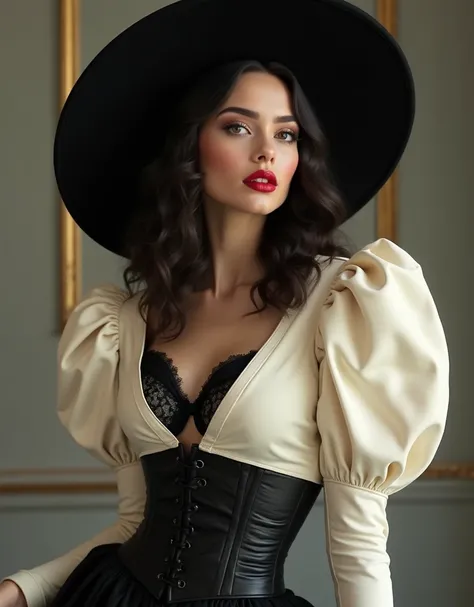 a young woman model wearing a cream colored Christian Dior "Bar" jacket, in a Victorian style with a corset shape (extra padding volume on the hips), and big puffy sleeves, revealing a black sexy lace bra underneath, and a black pleated wool skirt, with a ...