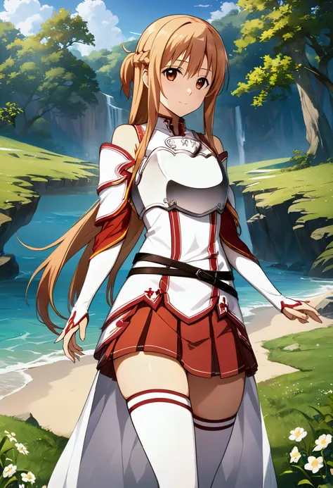 Yuuki Asuna, Yuuki Asuna SAO costume、White Armor、White breastplate、Red pleated skirt、White isolated sleeve、Bare shoulders、White thigh-high socks, Best Quality、unity 8k wallpaper、32K、Very detailed、Ultra-high resolution、Very detailedな顔、RAW Photos、professiona...