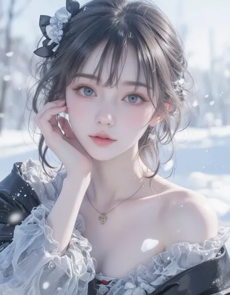 ((( Masterpiece))),  top quality,  Illustration of ,  4k wallpaper ,   cinematic light  ,  absurd,  1 girl,(snow,ice), snowの花, In winter, Gray Hair,  shiny hair,  wave hair,  sex, frilld, race,  wet close, off_shoulder,  hair scrunchy, Masterpiece, Telepho...