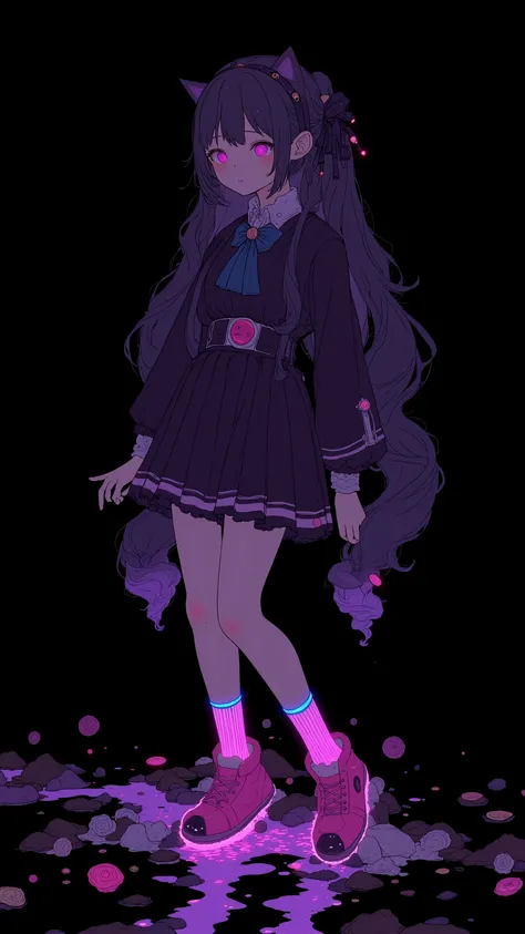   1 girl in uniform ,  twin tails on legs,Horn,Limited palette ,   black background ,  colorful ,  lively,Glowing Contours, neon ,  black light  , in any pose , dynamic,   action、 put your hands on the floor、An aura envelops the body and stands up、front