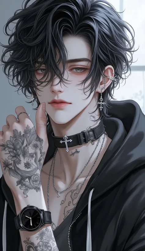 anime boy  A stylish anime boy with tousled dark hair, wearing black choker. He has multiple ear piercings with cross accessories. He is wearing a hoodie, and a black watch on his wrist. The character has a confident expression, with tattoos visible on his...