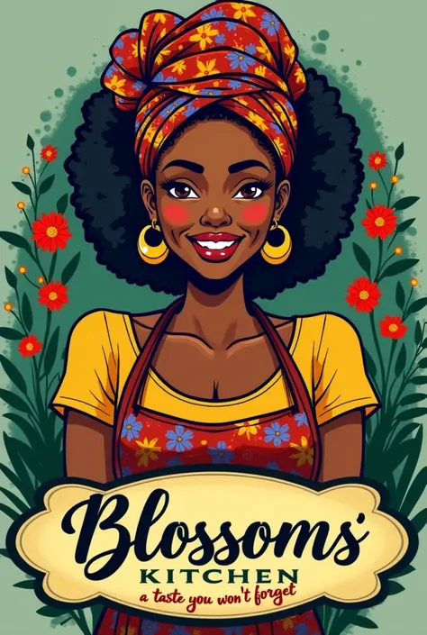 A logo that has a black woman with a head wrap on and an apron. With bright colors. The name of the restaurant is Blossoms’ Kitchen and the slogan is “A taste you won’t forget “