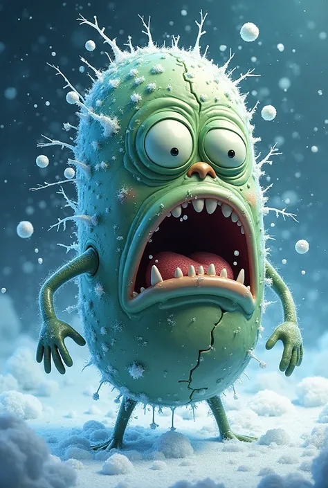 I want a caricature-like image showing a bacteria that is being hit by the cold and at the same time it releases toxins 