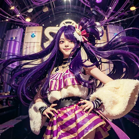   1girl  ,   masterpiece ,  best quality ,   cowboy shoot , Hoshino Ai,  long hair , purple hair,   striped hair   ,  Purple eyes , star-shaped pupils,   hair ornament , idol costume , smiling, hold the microphone