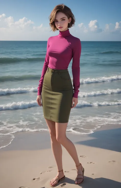 ctrl-net, teenage woman, standing posed, at beach, BREAK, (brown hair, pixie cut, forehead), BREAK, (magenta long sleeves turtleneck shirt, olive-green denim pencil skirt), BREAK, (1girl, solo, full body), (best quality,4k,8k,highres,masterpiece:1.2),ultra...