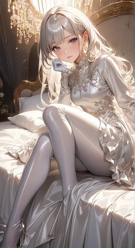  full body photo、 portrait、god々Shining light、( masterpiece, top quality,  ultra high resolution ),Extremely detailed CG, Japanese woman,(( beautiful face)),(( long sleeve long sleeve dress made of shiny white silk satin))、((The dress has a simple design wi...