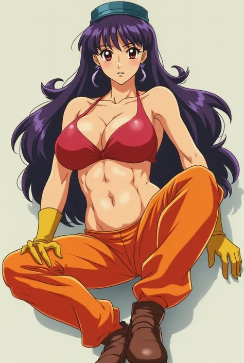 Type of anime: Shonen from the 80s: Beautiful and voluptuous woman with large, full-bodied breasts, has a cylindrical cap on her head., She has purple hair and beautiful red eyes, wears yellow gloves and orange pants and wears brown ankle boots 
