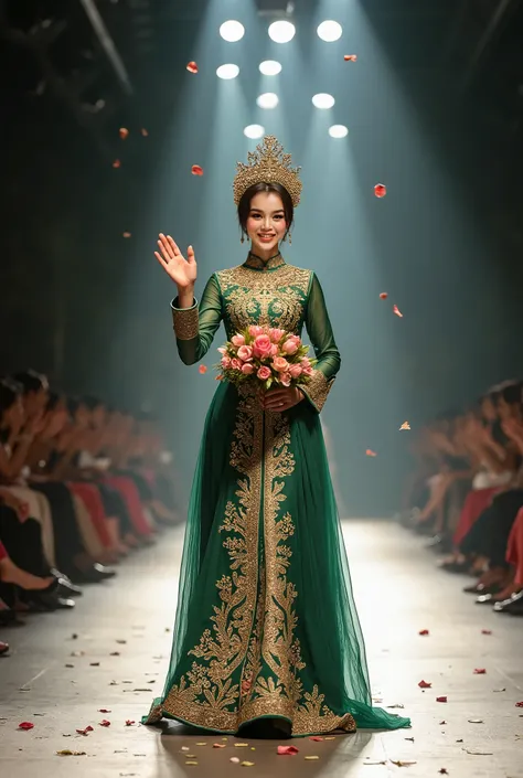 An elegant Asian woman walks confidently down the catwalk stage, facing forward with a radiant and joyful expression. She wears a breathtaking traditional Minangkabau (Sumatera Barat) bridal outfit, featuring a richly adorned green songket gown with intric...