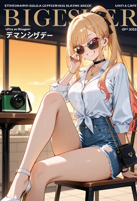 Marin Kitagawa, sitting cross-legged on an outdoor café chair in Shibuya, sleek high ponytail tied with a stylish ribbon, strands softly framing her face, blonde hair, light pink ombre hair, red eyes, earrings, stylish gold necklace, fitted deep V monogram...