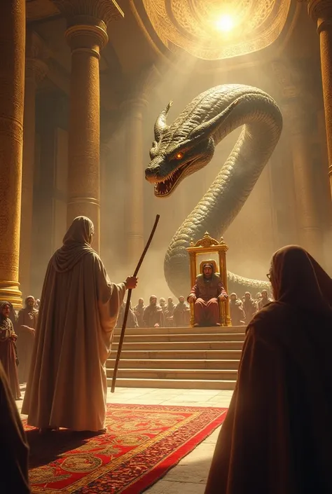 Create 3 images for this story A powerful moment when Prophet Musa (AS) throws his staff in Pharaoh’s court, and it transforms into a giant serpent, stunning the audience