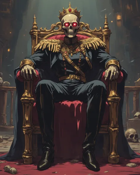 Male. Skull head. Gold crown. Military uniform classic and old. Red eyes light on. Sit on the throne from bones and skull. Background Post Apocalypse ballroom. 