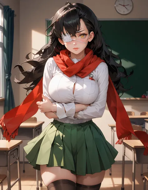 A  girl with long black hair, medical eyepatch, long scarf, bandages over arm, amber eyes, big breasts, thick thighs, white blouse, black stockings, green skirt, red ribbon, high school girl, classroom, warm light, afternoon, shy gaze, adorable, Rintarou_O...