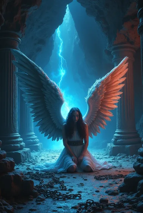 a cave,  in the middle of it four pilasters emanating an energy field , inside it an angel tied in chains ,  he is kneeling with his wings open ,  his wings are large and splendid with two white and black feathers ,  one side emanates a warm blue light and...