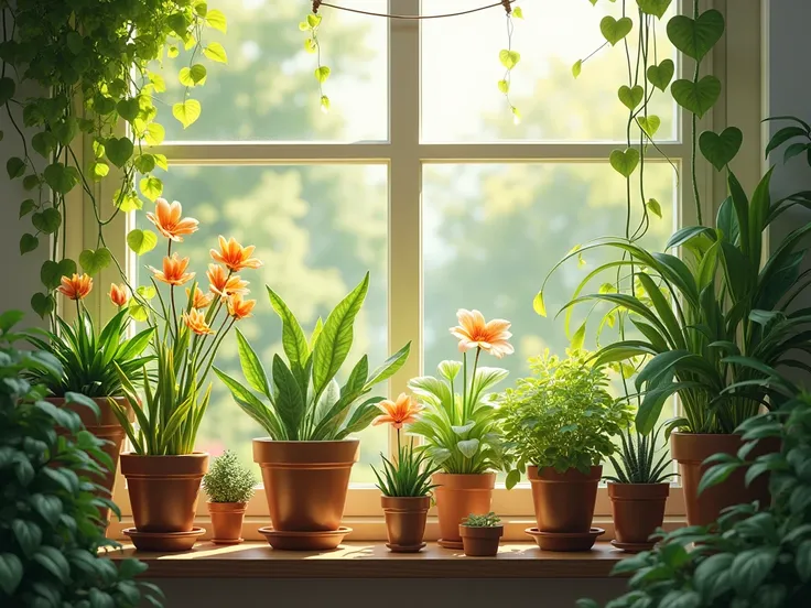 create an image of indoor plants on a windowsill with bright lighting