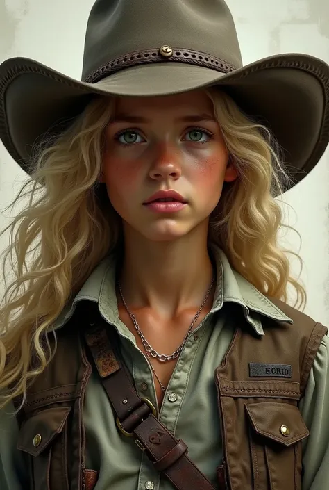 awesome  , mat skin , long blonde hair , green eyes,  hyperealistic , cow boy,  clothes ,  orphan, determined face, 