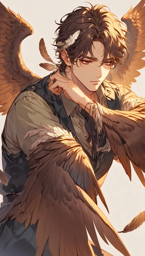  Handsome harpy man with wings, has feathers in hair, handsome, adult man, masterpiece 1024x1024 resolution,Solo, delicate, looking shy, winged, harpy man, brown eyes brown hair brown wings, feathers on arm