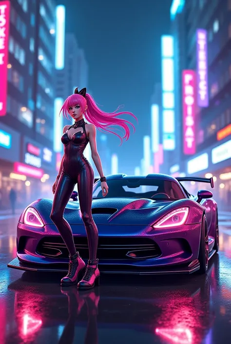 Anime Genshin Impact character and Dodge Viper hybrid creation in a night city with neon lights.