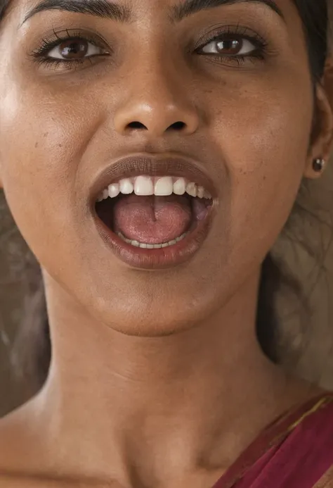 Ultra detailed photo of kannadiga woman, beautiful girl, highest quality realistic skin, eyes in focus, 40 years old, focus on mouth, open mouth, saliva, open mouth wide, inside of mouth visible, ponytail hair, mouth open wide, uvula visible, mouth open wi...