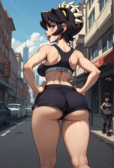 score_9, score_8_up, score_7_up, from behind, solo, 1girl, filia, sweat, smirk, tongue out, looking back, hands on own hips, black hair, black sports bra, black shorts, short shorts, large breasts, ass, outdoors, city street, out of breath, open mouth 