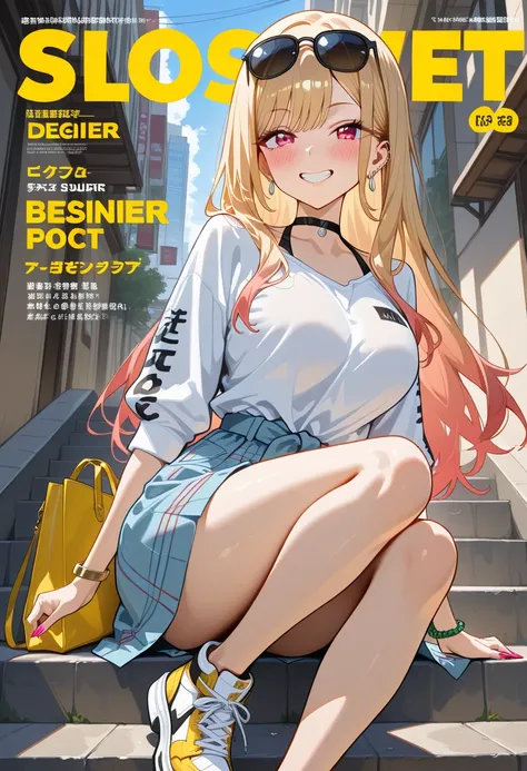 Marin Kitagawa, sitting casually on a city staircase, knees bent and one foot propped up, soft wavy hair secured with a stylish headband, strands lightly tousled by the summer breeze, blonde hair, light pink ombre hair, red eyes, earrings, stylish gold bra...