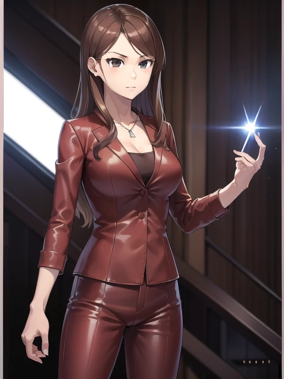 T-X,terminator 3 Rise of machine cenima movie, red leather jacket,red leather pants, necklace , liquid metal damage ,Termartrix T-X, mugino shizuri, (brown eyes:1.7), brown hair, long hair, Anime girl, robot girl, android,