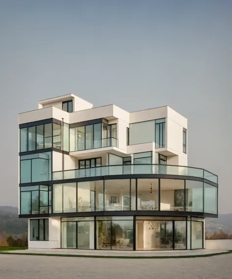 Modern house with minimalist but sophisticated design, sharp architectural lines and unique geometric shapes. Youthful, bright colors with a combination of pastel colors and pure white. Open space with large glass doors welcoming natural light. Bright morn...