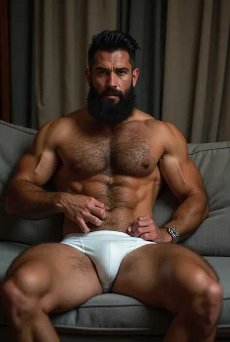  man sitting on a couch, hairy, hairy chest, white boxer shorts , bulge, speedo, handsome, realistic,  real scene , sex, with beard, suggestive, lewd, Touching his penis