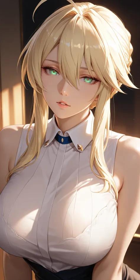 Masterpiece, very aesthetic, vibrant, high contrast, elegant mature woman, artoria pendragon (lancer) (fate), upper body, curvaceous,sleeveless collared shirt, seductive, parted lips, soft light, best quality, semrealistic, honkai: star rail cg style