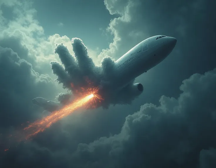 "Photorealistic: A colossal hand emerges from swirling storm clouds to snatch an airplane mid-flight, its engines releasing vibrant chemical trails against a dramatic sky."

"In a striking photorealistic scene, a gigantic, outstretched hand rises from a tu...