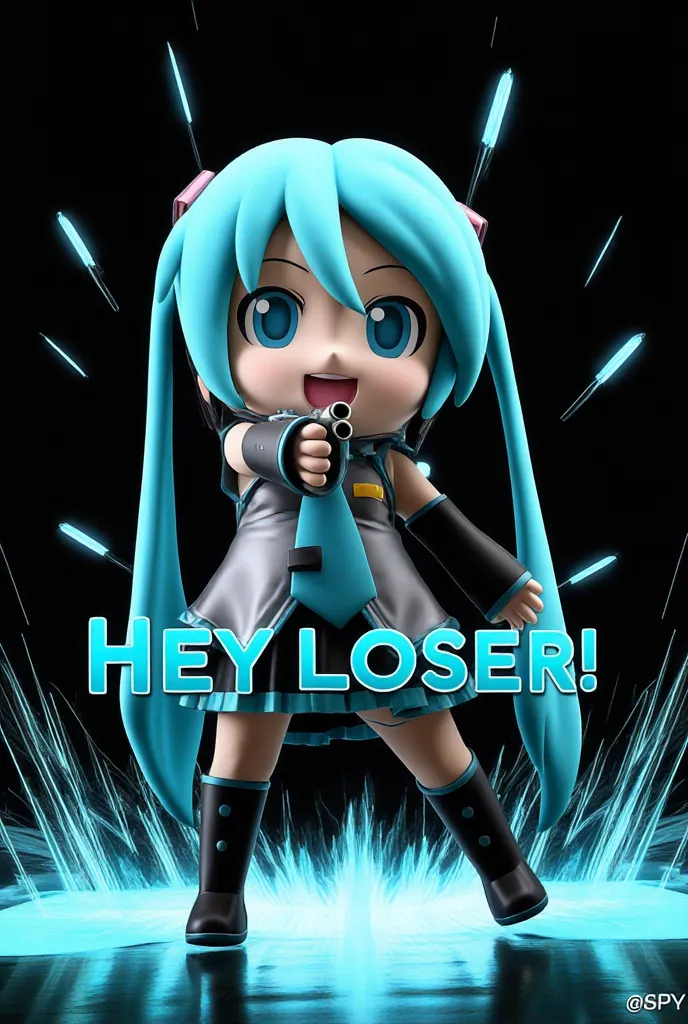 mikudayo ,  photo she has light blue twin tails and light blue eyes.   he points his gun at the viewer with an angry expression . 
Strong perspective effect ,  the camera's focus is suitable for cancer . shooting at the viewer with one hand on his hip ，下から...