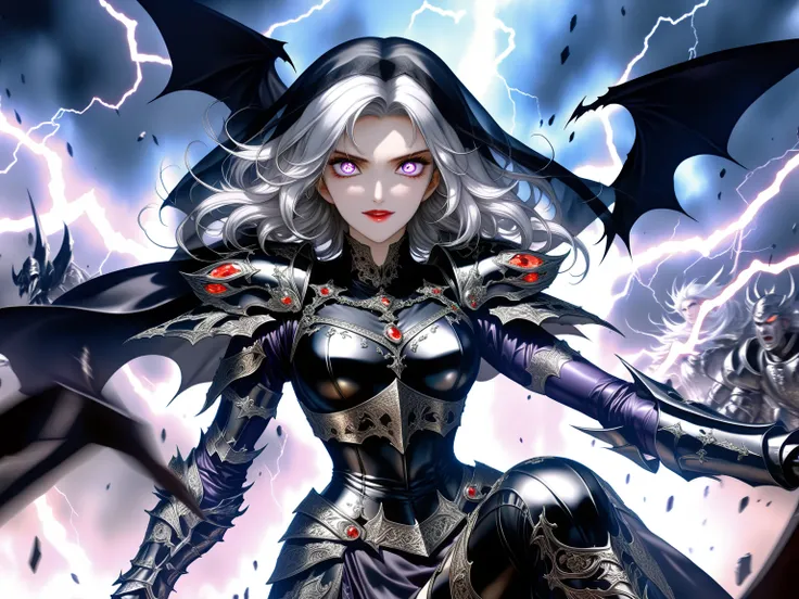 Epic battle scene: 1.3, mature and seductive goddess, (incredible high resolution, masterpiece, highest quality, highly detailed depiction, CG, official art), (evil goddess, fantastic atmosphere), (mysteriously crafted black metal armor: 1.3, leather thigh...