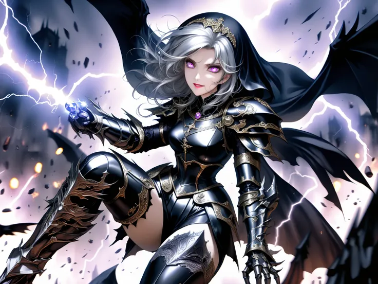 Epic battle scene: 1.3, mature and seductive goddess, (incredible high resolution, masterpiece, highest quality, highly detailed depiction, CG, official art), (evil goddess, fantastic atmosphere), (mysteriously crafted black metal armor: 1.3, leather thigh...