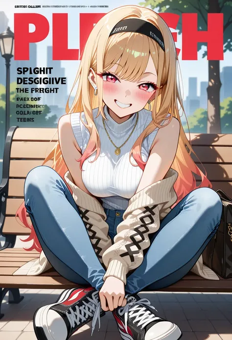 Marin Kitagawa, sitting cross-legged on a park bench, adjusting the laces of her sneakers, soft wavy hair secured with a stylish headband, strands lightly tousled by the evening breeze, blonde hair, light pink ombre hair, red eyes, earrings, stylish gold p...