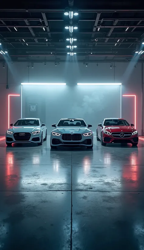 A high-end, futuristic garage illuminated by dramatic stage lights, showcasing three of the world’s most prestigious automotive brands—Audi, BMW, and Mercedes-Benz—lined up in a perfect front-facing view. The cars are positioned symmetrically, each exuding...