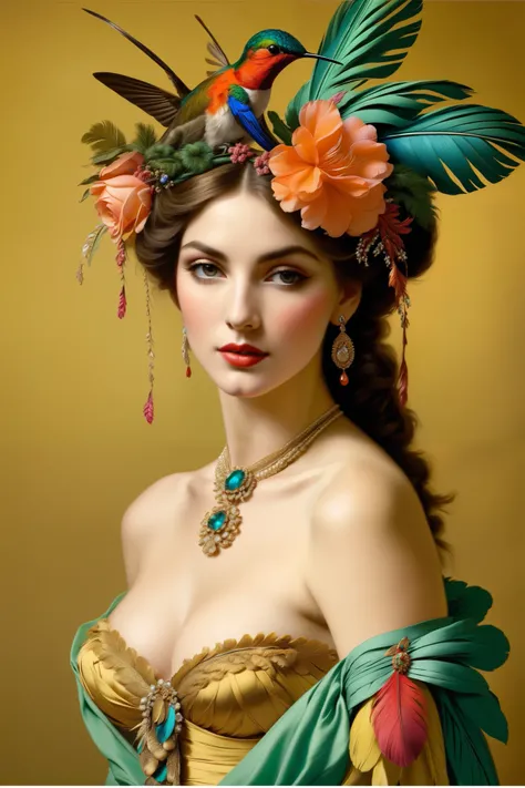 in 19th century， European and American women often use hummingbird feathers as hat ornaments，A hummingbird sits on the shoulder ,  bare breasts 