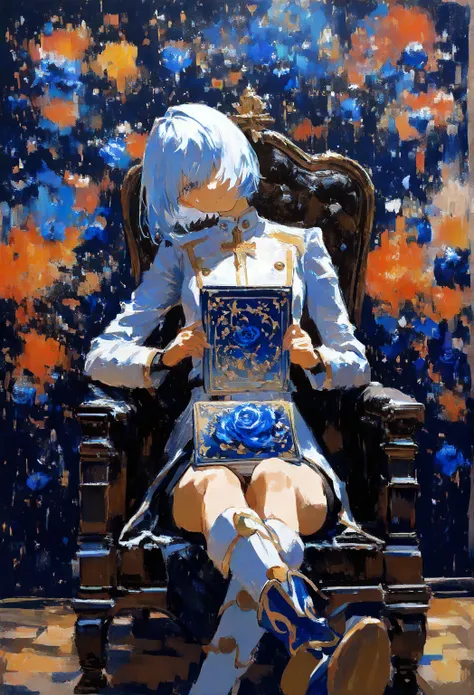 1 girl,  with eyes covered by blue roses covering the upper half of his face, by the blue,  short hair ,  a white coat with gold details , boots blue high-heeled shoes , crying,  sitting , on the throne,  cross-legged,  head tilt,  holding a weapon , Spell...