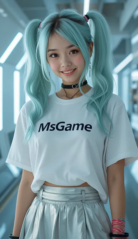 A full-body image of a young woman with light blue, long twin-tail hair, wearing a white t-shirt with the text 'MsGame' printed on the front. The t-shirt is casual and contrasts with her metallic, futuristic skirt and accessories. The overall lighting is b...