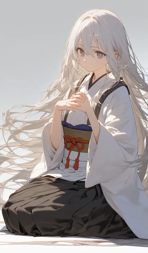 8K,1female,long hair,White hair, black colored inner hair:1.1,hairs between eyes,Break,gray eyes, Decorated Japanese fantasy White costumes,black hakama short skirt,black calf gaiters,No hair ornament, Face,no background,