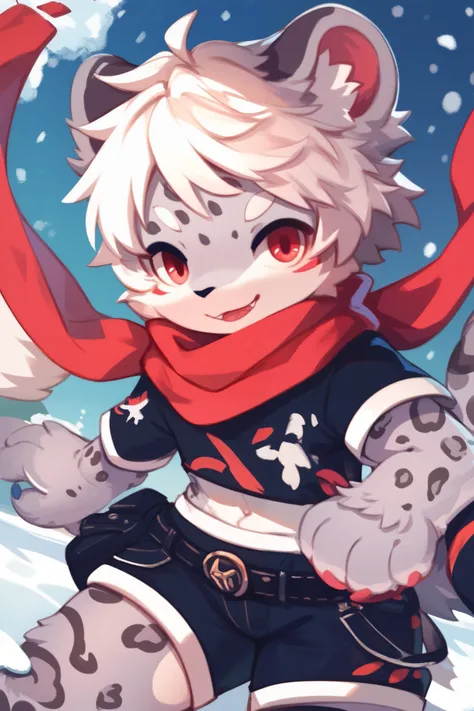 snow leopard boy，furry boy， toddlers， white hair ，scarf，Shorts and short sleeves