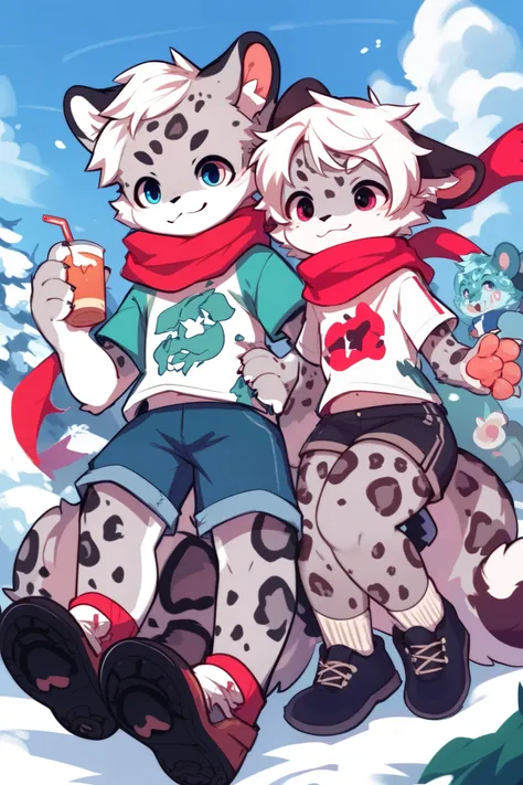 snow leopard boy，furry boy， toddlers， white hair ，scarf，Shorts and short sleeves