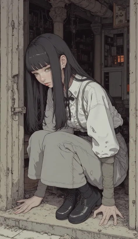 There is a woman bending down on the ground with her hands on her knees, Yoshitomo Nara, Takato Yomamoto. 4k yen, Real life anime girl,  is cute  , Yamamoto Nizo, Li Song,  Dramatic Serious Pose ,  Japanese model,  by Li Meixiu , Yasumoto Oka