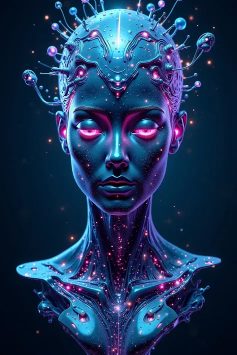  cityscapes,  with a metallic blue glow effect . In the Center, Artificial intelligence avatar,  front view, Half human half machine ,  to create high-tech and futuristic aesthetics .  The face is surrounded by a digital brain and complex circuit with lumi...