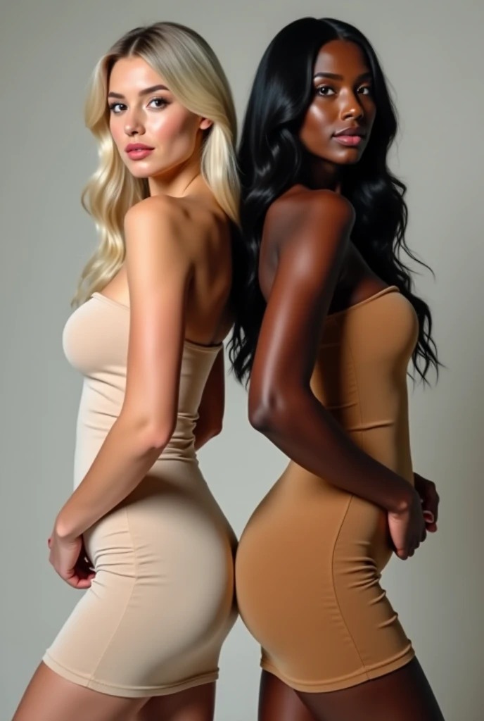 A stunning professional photograph capturing two young women in striking contrast. They are standing back to back and you can see their large breasts and curves. The first model has porcelain-pale skin and platinum blonde hair that cascades over her should...