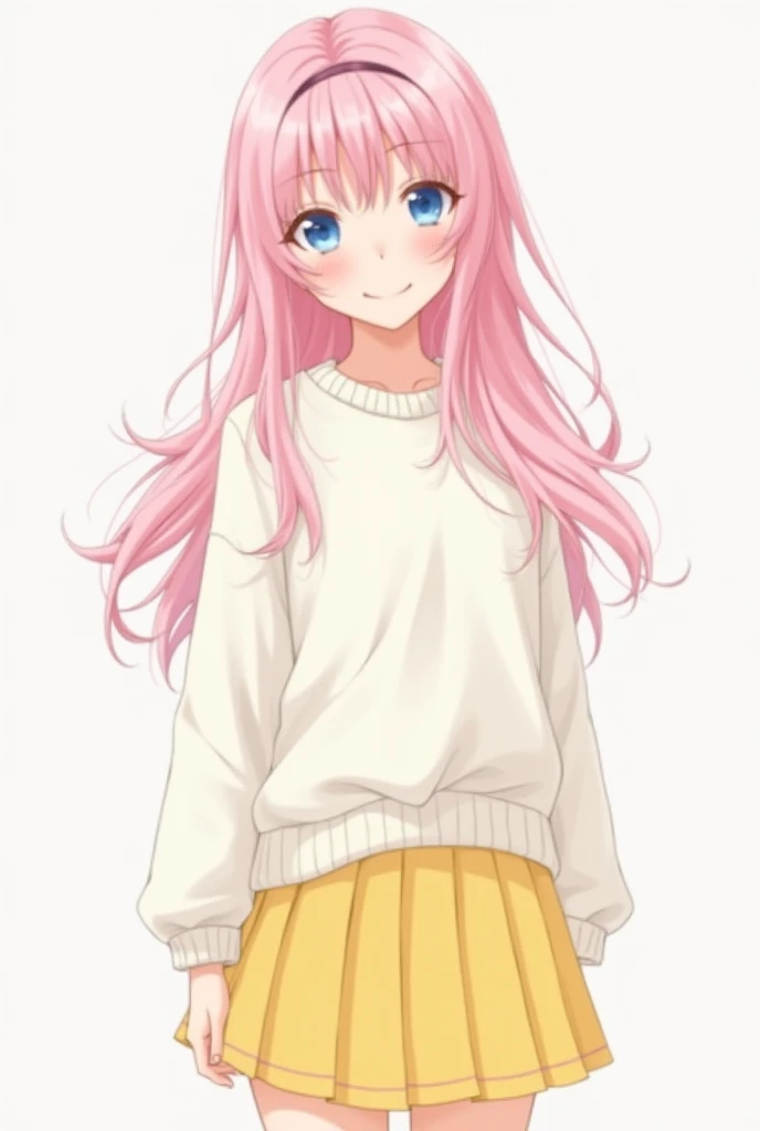 Create anime image of a hot 18 year old girl with pink long hair, blue eyes. She is wearing a white sweater with a short yellow skirt.