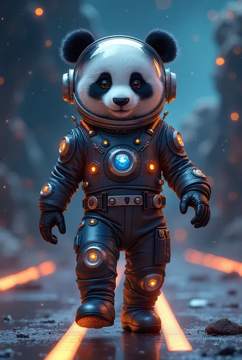 "A panda wearing a shiny, futuristic space suit with metallic accents, glowing lights, and a helmet with a transparent visor. The panda should have a confident pose as if it's walking on a space runway, surrounded by cosmic stars and nebulae