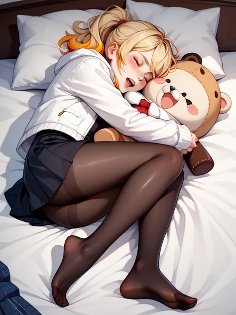 girl  
black pantyhose  
black skirt  
blonde hair  
blush  
closed eyes  
hugging doll  
hugging object  
jacket  
lying  
no shoes  
on bed  
on side  
open mouth  
pantyhose  
ponytail  
skirt  
teeth  
upper teeth only  
white jacket  

{{watercolor}} ...