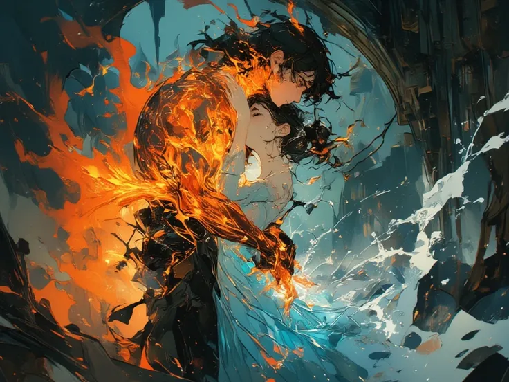 a boy whose whole body is made of a burning fire back hugs a girl whose whole body is made of water