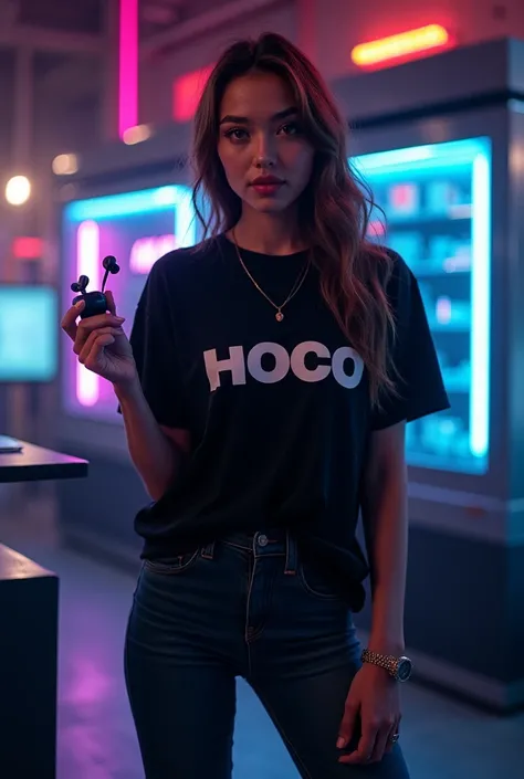 Create a visually captivating YouTube thumbnail concept featuring a cinematic and realistic image of a girl in a lighting tech shop. The girl is wearing a black t-shirt with tight jeans featuring a prominent "HOCO" logo. In her hand, she holds HOCOEQ5 TWS ...