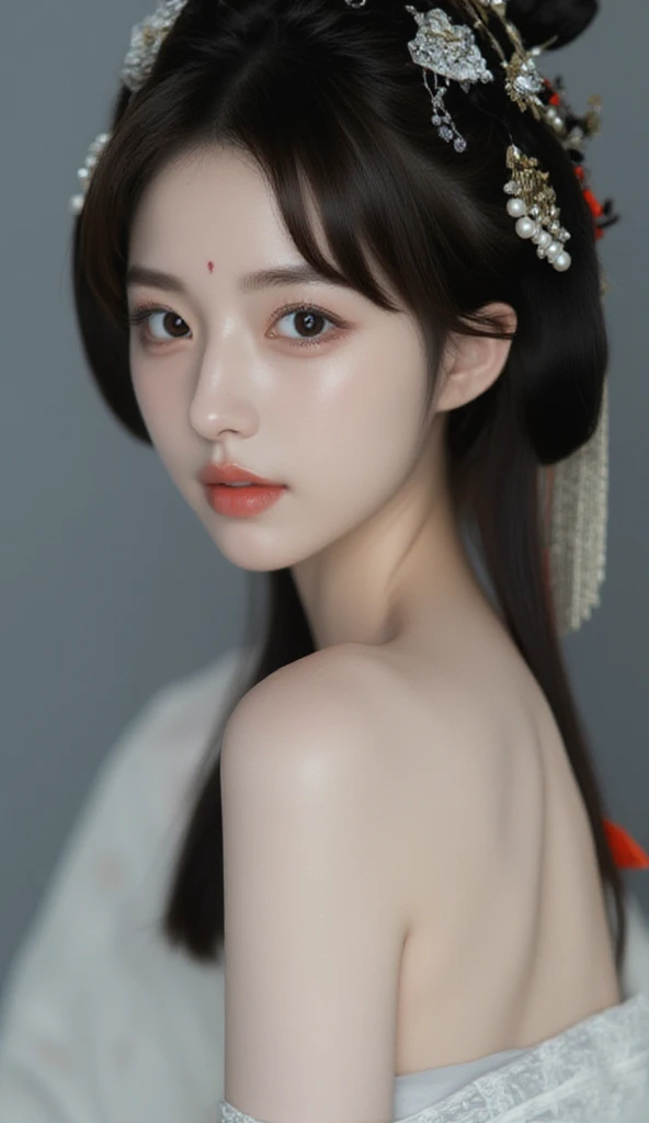 Ultrafine，  HD， Portrait of a very beautiful Asian girl  ，  facial portrait  ，Clear skin texture， Double eyelids，  big eyes，The left eyebrow is the same as the right eyebrow ，((( Beautiful mythical creature woman with pearl earrings  ，  lapis lazuli neckla...