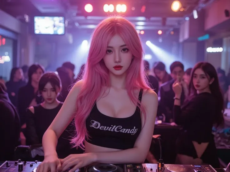 "A stunningly beautiful Japanese woman DJ, looking like a top-tier K-POP idol, is performing on a nightclub stage. Her long, vibrant pink hair flows elegantly, styled to perfection. She wears a stylish club outfit with a subtle yet distinct 'DevilCandy' lo...